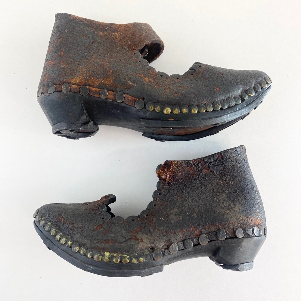 Vintage Antique Victorian Childrens Shoes Leather Wood Metal Clogs 19th Century